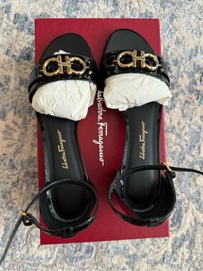 Salvatore Ferragamo Black Patent Leather Gold Hardware Slingback Sandals